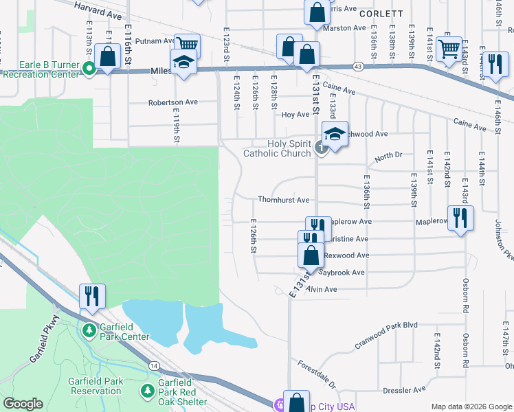 map of restaurants, bars, coffee shops, grocery stores, and more near 12514 Thornhurst Avenue in Garfield Heights
