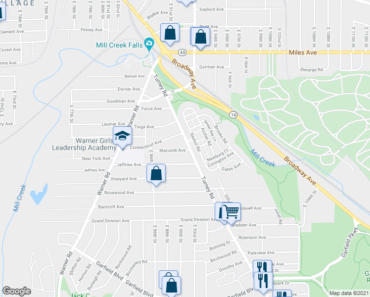 map of restaurants, bars, coffee shops, grocery stores, and more near 9009 Macomb Avenue in Cleveland