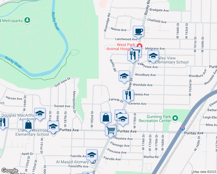 map of restaurants, bars, coffee shops, grocery stores, and more near 18002 Norwell Avenue in Cleveland