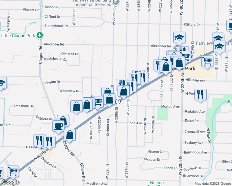 map of restaurants, bars, coffee shops, grocery stores, and more near 4385 West 229th Street in Fairview Park