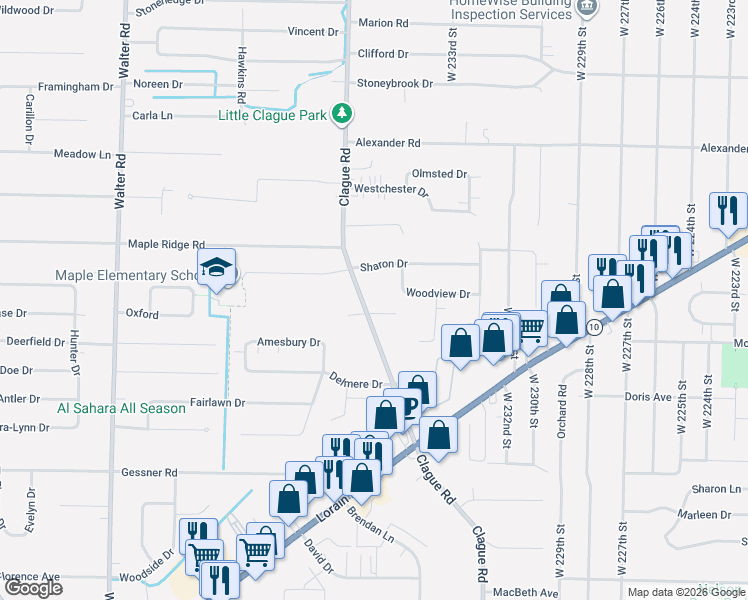 map of restaurants, bars, coffee shops, grocery stores, and more near 3395 Clague Road in North Olmsted