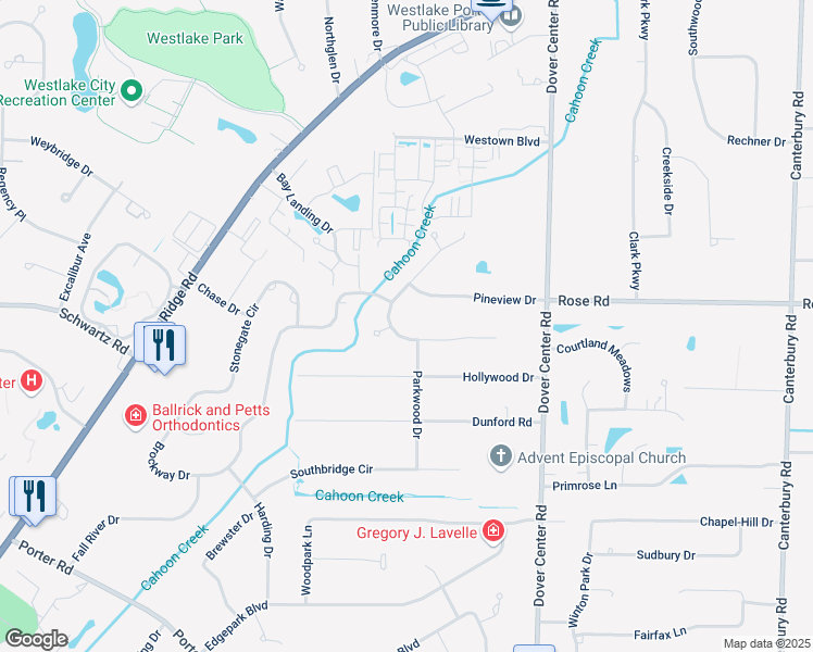 map of restaurants, bars, coffee shops, grocery stores, and more near 27546 Hemlock Drive in Westlake