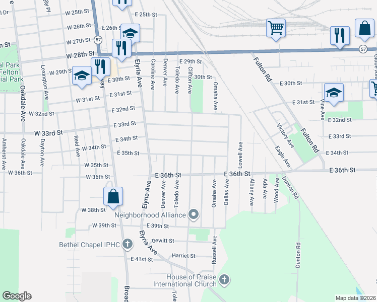 map of restaurants, bars, coffee shops, grocery stores, and more near 701 East 35th Street in Lorain