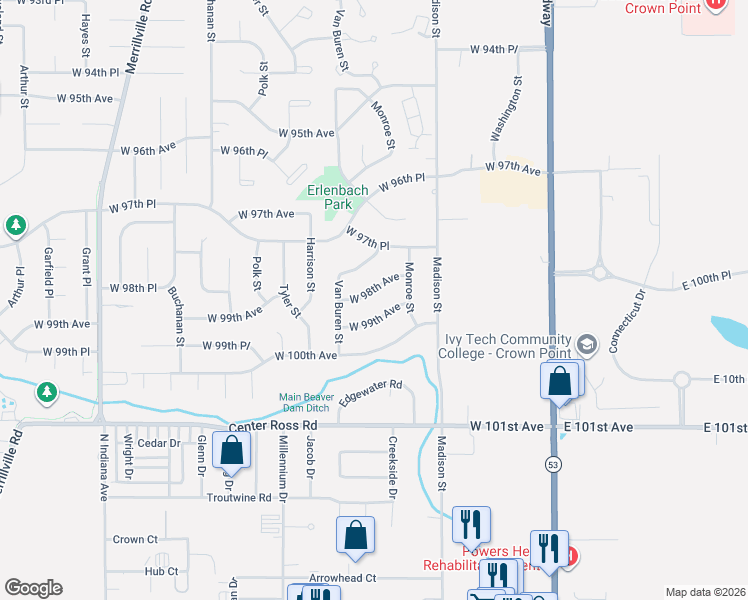 map of restaurants, bars, coffee shops, grocery stores, and more near 1300-1310 W 98th Ave in Crown Point
