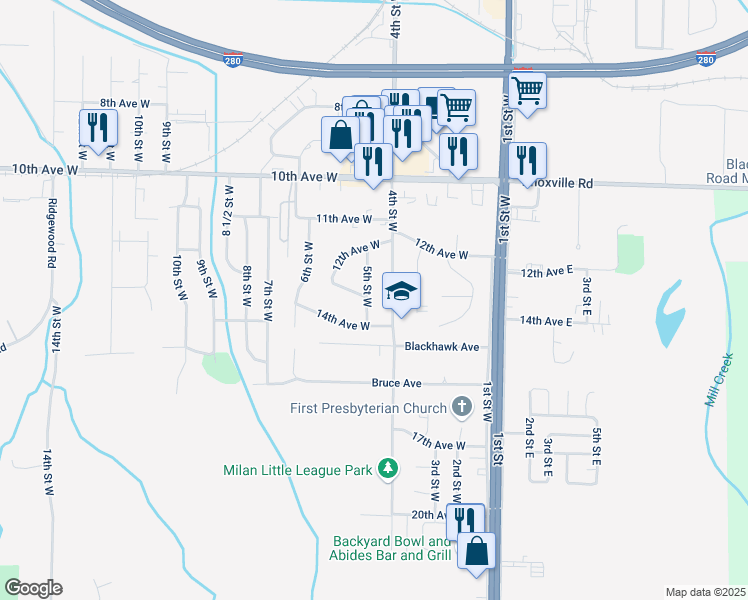 map of restaurants, bars, coffee shops, grocery stores, and more near 1303 5th Street West in Milan