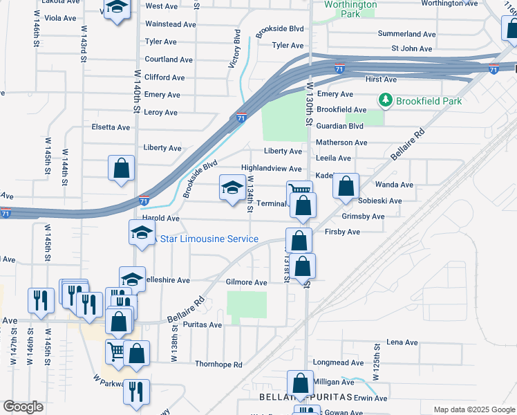 map of restaurants, bars, coffee shops, grocery stores, and more near 13309 Terminal Avenue in Cleveland