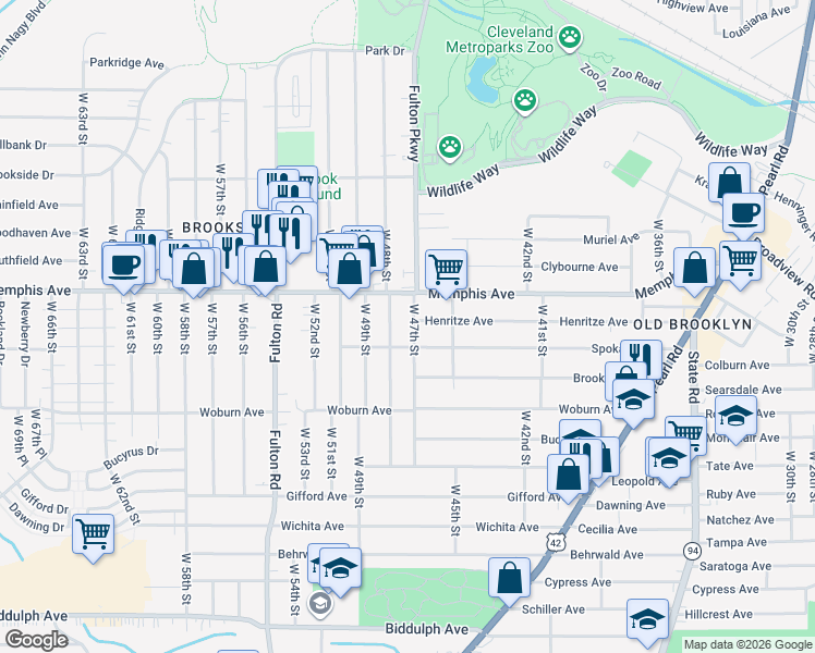 map of restaurants, bars, coffee shops, grocery stores, and more near 4313 West 48th Street in Cleveland
