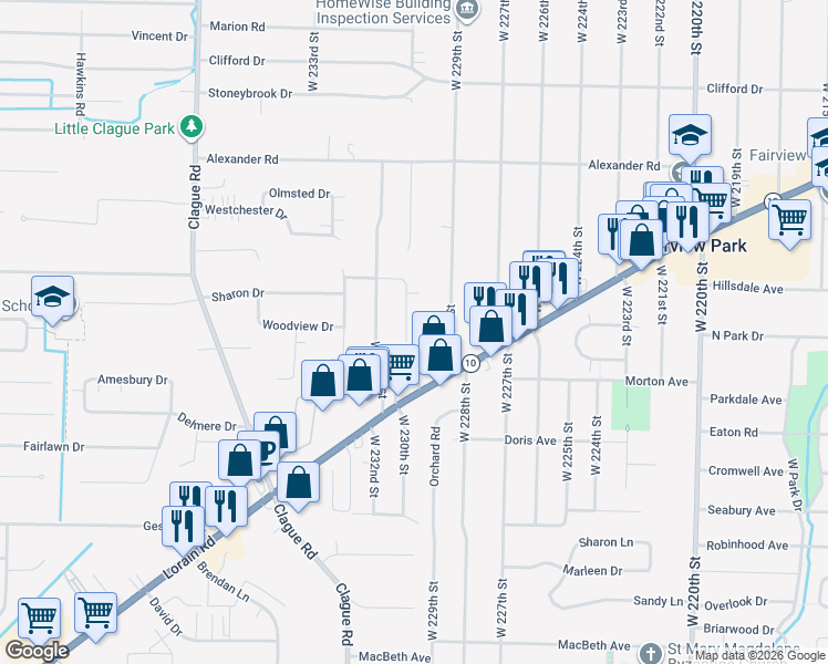 map of restaurants, bars, coffee shops, grocery stores, and more near 4384 West 229th Street in Fairview Park