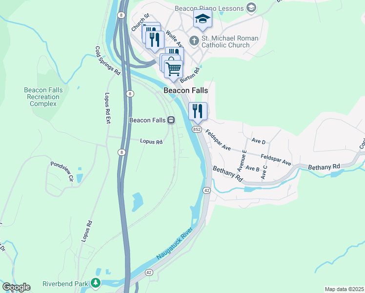 map of restaurants, bars, coffee shops, grocery stores, and more near 99 Railroad Avenue in Beacon Falls