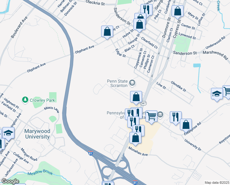 map of restaurants, bars, coffee shops, grocery stores, and more near 150 University Drive in Dunmore