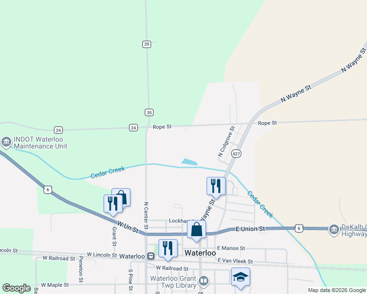 map of restaurants, bars, coffee shops, grocery stores, and more near 425 Rope Street in Waterloo