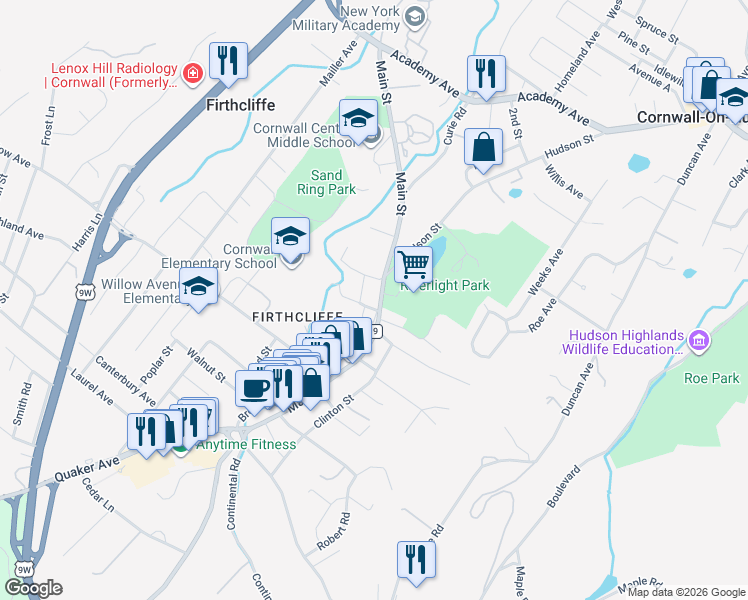 map of restaurants, bars, coffee shops, grocery stores, and more near 186 Main Street in Cornwall