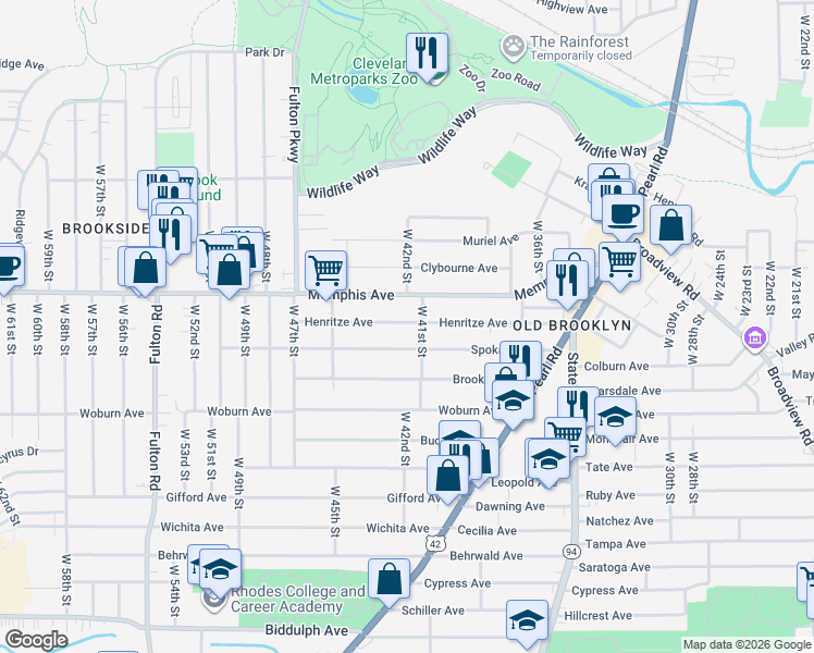 map of restaurants, bars, coffee shops, grocery stores, and more near 4207 Henritze Avenue in Cleveland