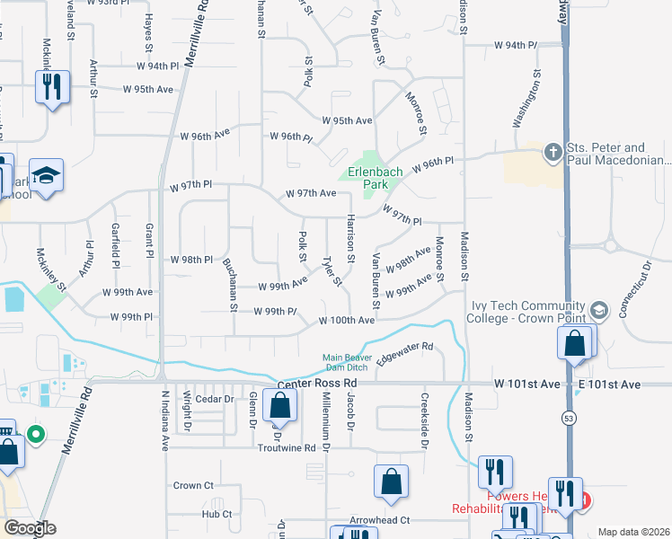 map of restaurants, bars, coffee shops, grocery stores, and more near 9905 Tyler St in Crown Point