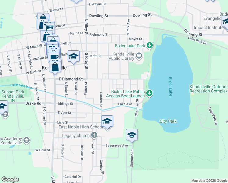 map of restaurants, bars, coffee shops, grocery stores, and more near 440 Freeman Street in Kendallville