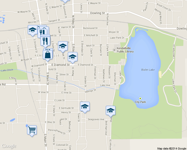 map of restaurants, bars, coffee shops, grocery stores, and more near 440 Freeman St in Kendallville