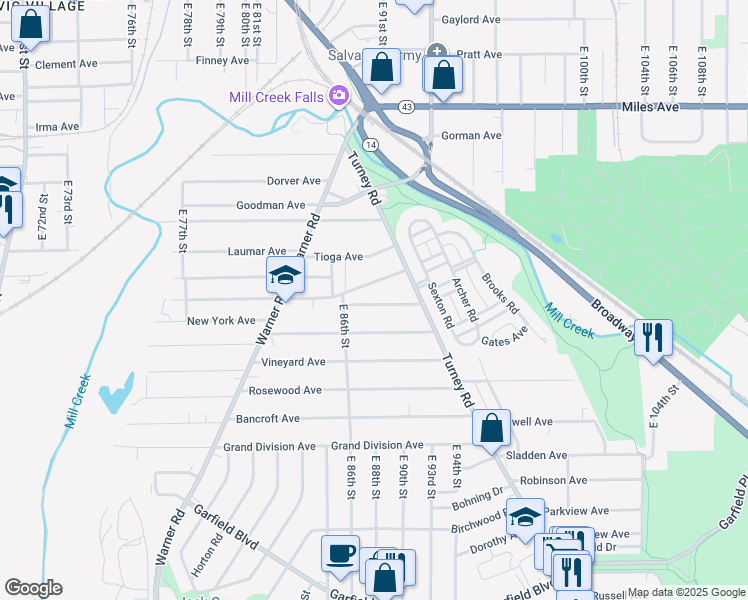 map of restaurants, bars, coffee shops, grocery stores, and more near 8801 Macomb Avenue in Cleveland