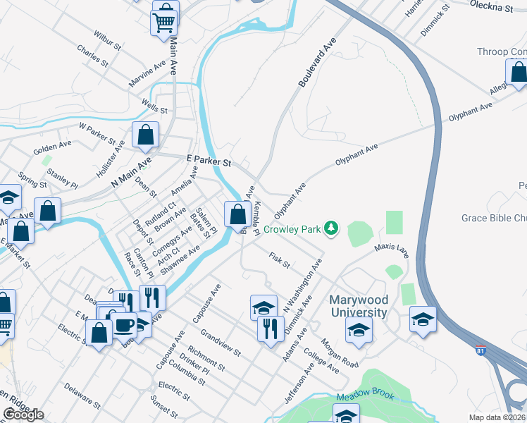 map of restaurants, bars, coffee shops, grocery stores, and more near 832 Raines Street in Scranton