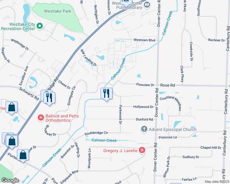map of restaurants, bars, coffee shops, grocery stores, and more near 27546 Hemlock Drive in Westlake