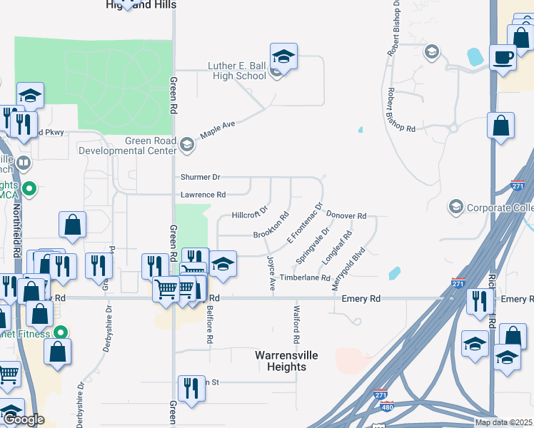 map of restaurants, bars, coffee shops, grocery stores, and more near 4453 Hillcroft Drive in Warrensville Heights