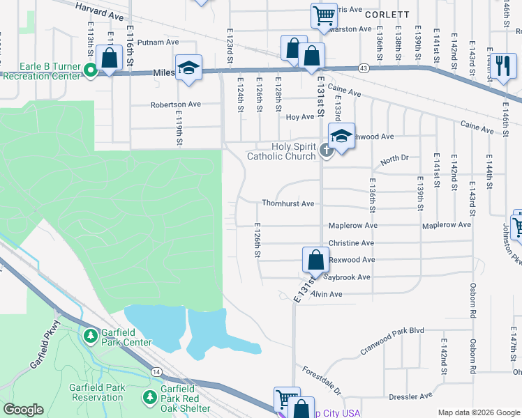 map of restaurants, bars, coffee shops, grocery stores, and more near 12514 Thornhurst Avenue in Garfield Heights