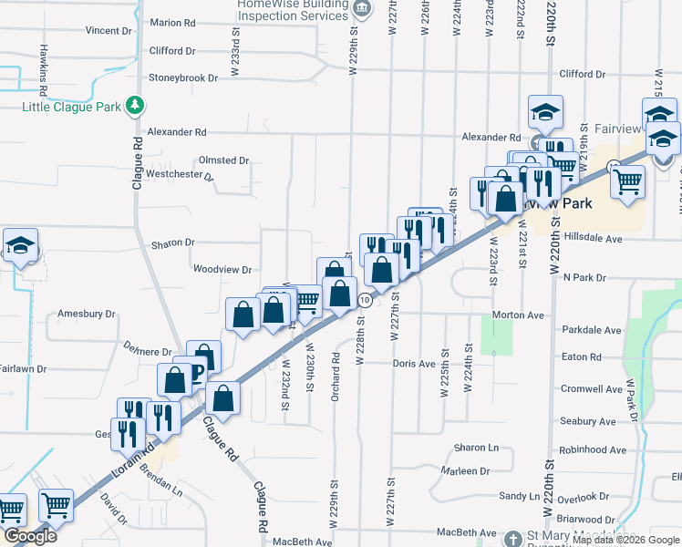 map of restaurants, bars, coffee shops, grocery stores, and more near 4384 West 229th Street in Fairview Park