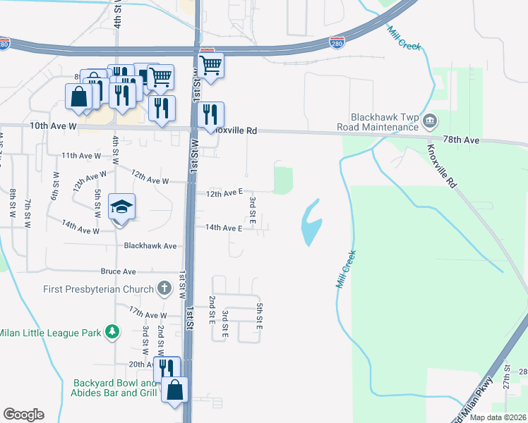 map of restaurants, bars, coffee shops, grocery stores, and more near 1221 3rd 1/2 Street East in Milan