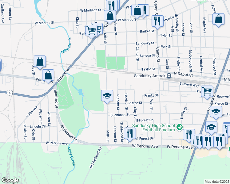map of restaurants, bars, coffee shops, grocery stores, and more near 1803 Putnam Street in Sandusky