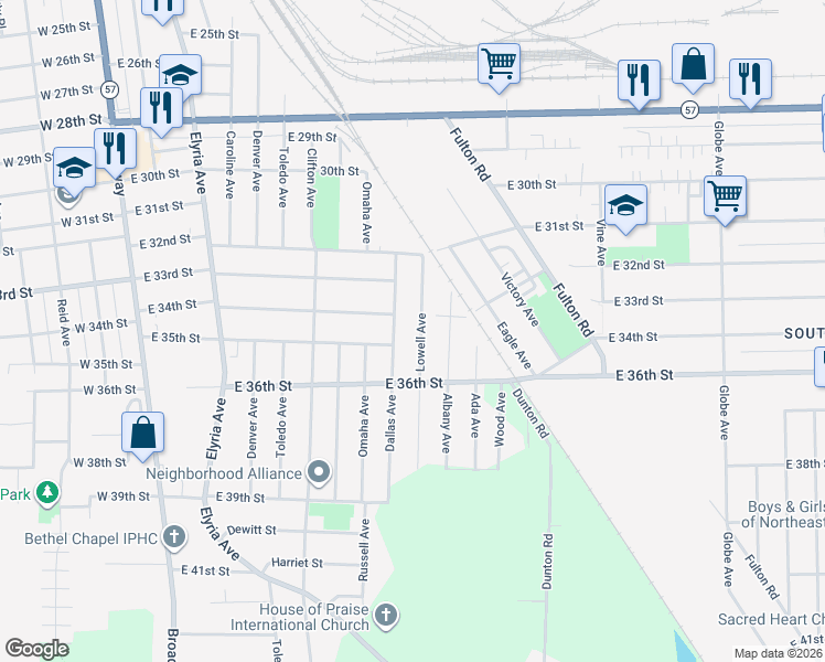 map of restaurants, bars, coffee shops, grocery stores, and more near 3426 Lowell Avenue in Lorain