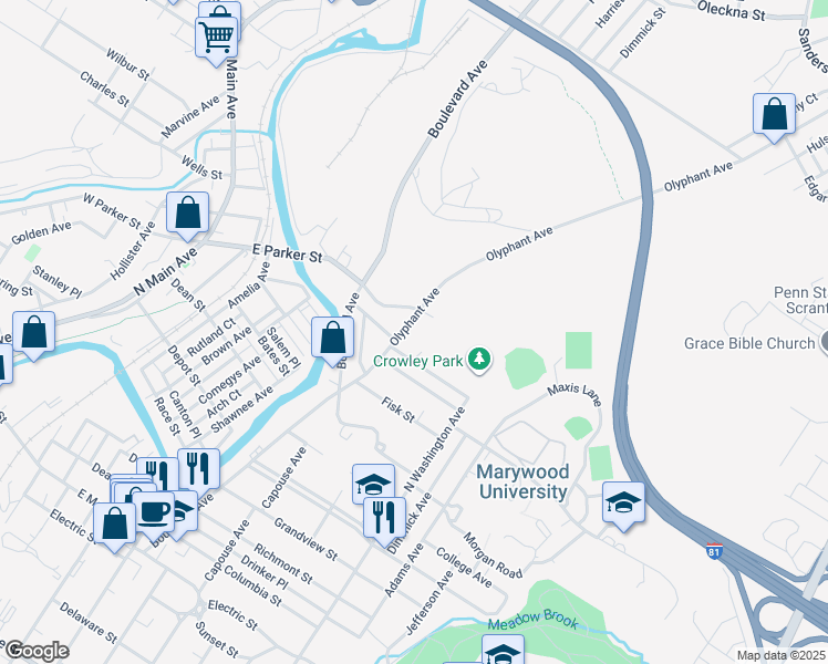 map of restaurants, bars, coffee shops, grocery stores, and more near 2642 Olyphant Avenue in Scranton