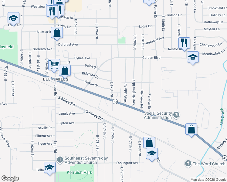 map of restaurants, bars, coffee shops, grocery stores, and more near 4397 East 175th Street in Cleveland