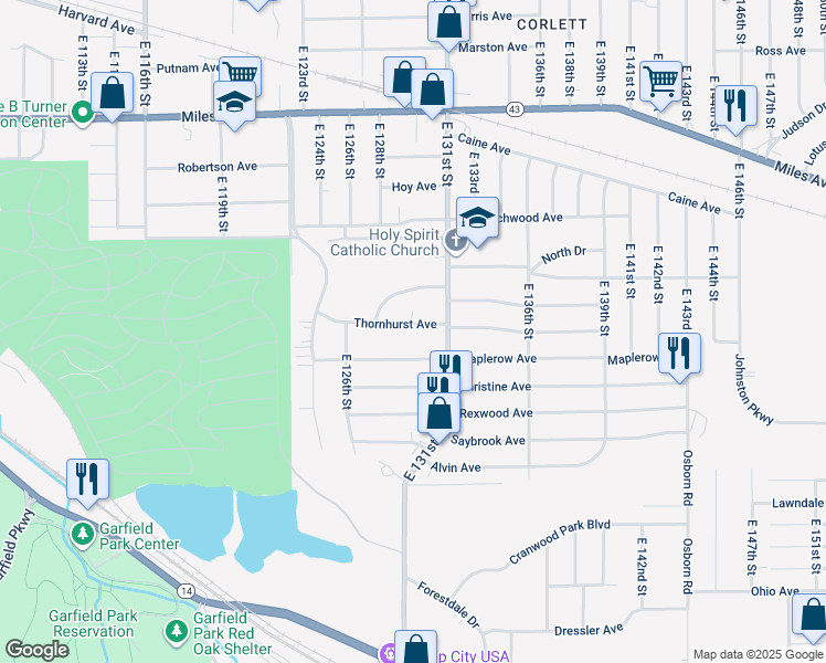 map of restaurants, bars, coffee shops, grocery stores, and more near 12906 Thornhurst Avenue in Garfield Heights