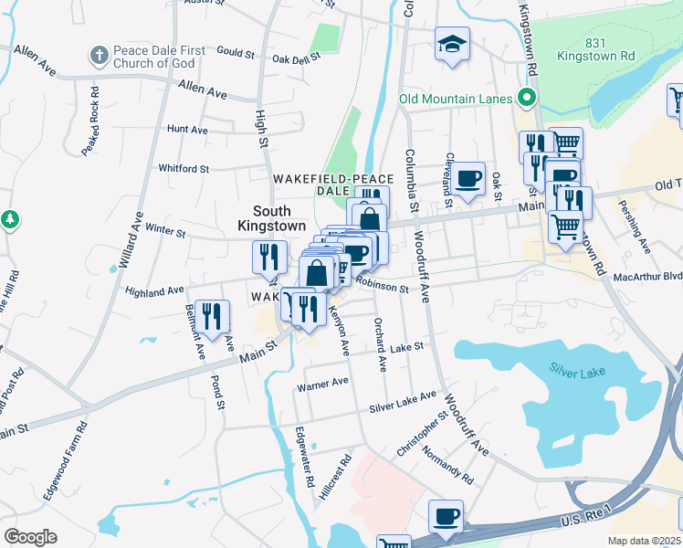 map of restaurants, bars, coffee shops, grocery stores, and more near 315 Main Street in South Kingstown