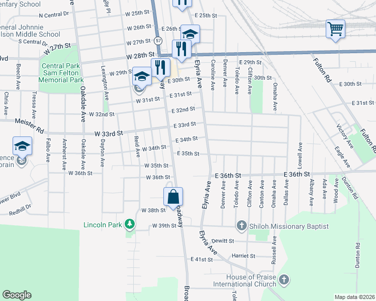 map of restaurants, bars, coffee shops, grocery stores, and more near 127 East 35th Street in Lorain