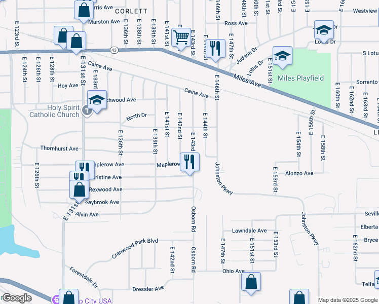 map of restaurants, bars, coffee shops, grocery stores, and more near 4436 East 143rd Street in Cleveland