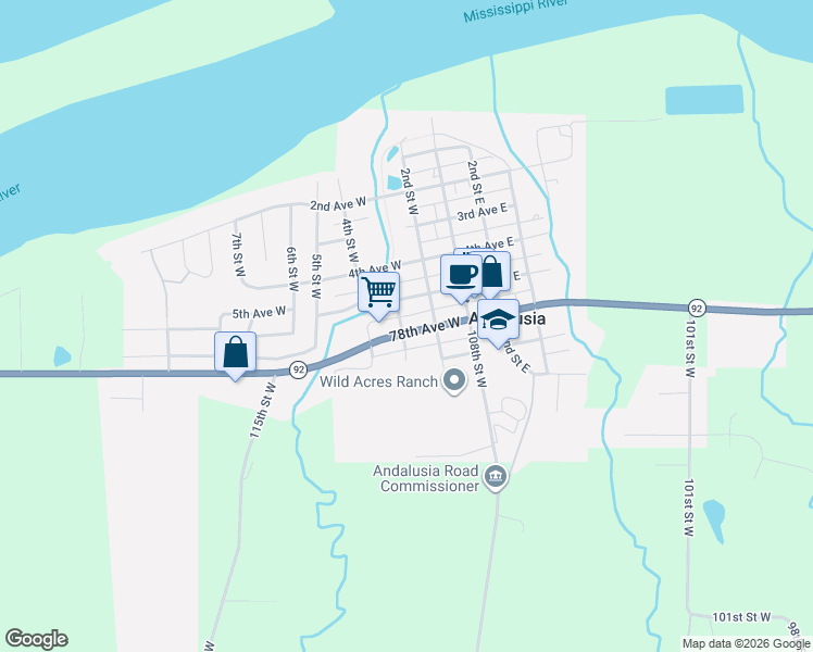 map of restaurants, bars, coffee shops, grocery stores, and more near 225 6th Avenue West in Andalusia