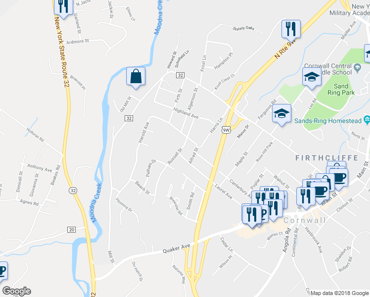 map of restaurants, bars, coffee shops, grocery stores, and more near 105 Russell Street in Cornwall