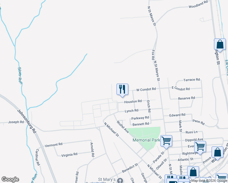 map of restaurants, bars, coffee shops, grocery stores, and more near 106 Forest Road in Saint Marys