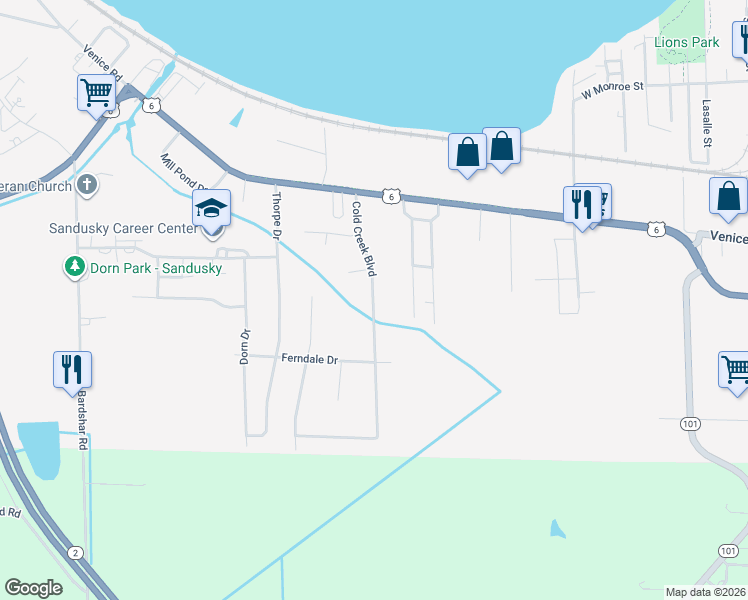 map of restaurants, bars, coffee shops, grocery stores, and more near 622 Cold Creek Blvd in Sandusky