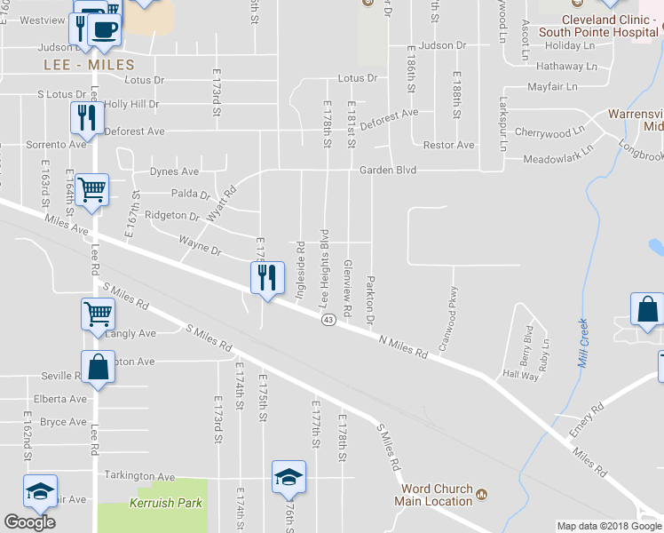 map of restaurants, bars, coffee shops, grocery stores, and more near 4453 Lee Heights Boulevard in Warrensville Heights