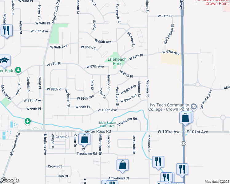map of restaurants, bars, coffee shops, grocery stores, and more near 9790 Van Buren Street in Crown Point