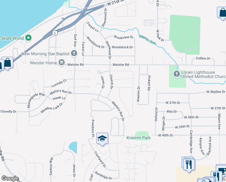 map of restaurants, bars, coffee shops, grocery stores, and more near 3409 Church Drive in Lorain