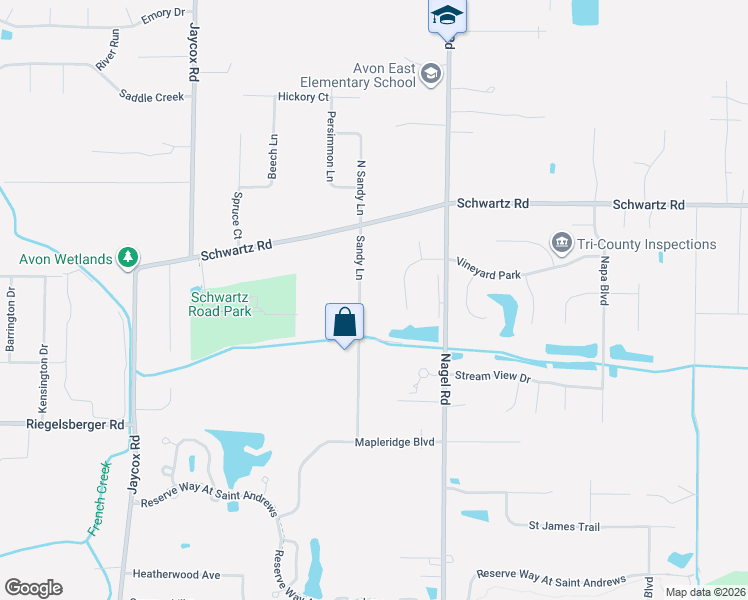 map of restaurants, bars, coffee shops, grocery stores, and more near 3315 Sandy Ln in Avon