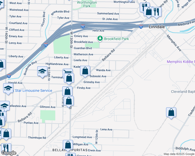 map of restaurants, bars, coffee shops, grocery stores, and more near 12505 Sobieski Avenue in Cleveland