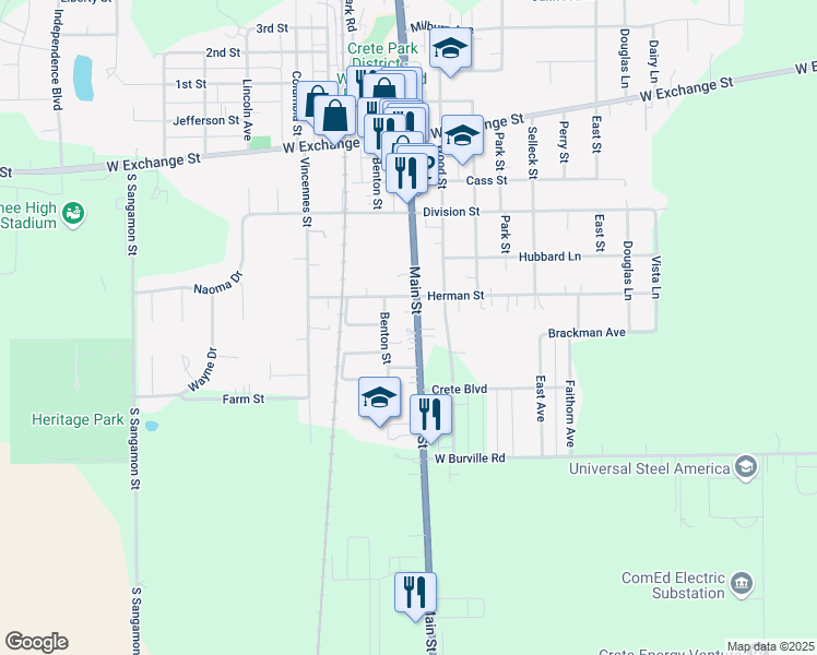 map of restaurants, bars, coffee shops, grocery stores, and more near 1514 Main Street in Crete