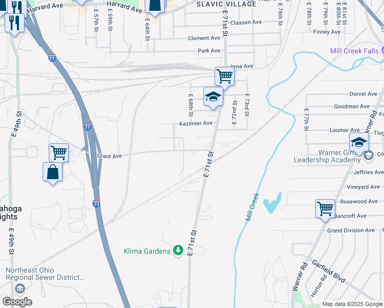 map of restaurants, bars, coffee shops, grocery stores, and more near 6914 Grant Avenue in Cleveland