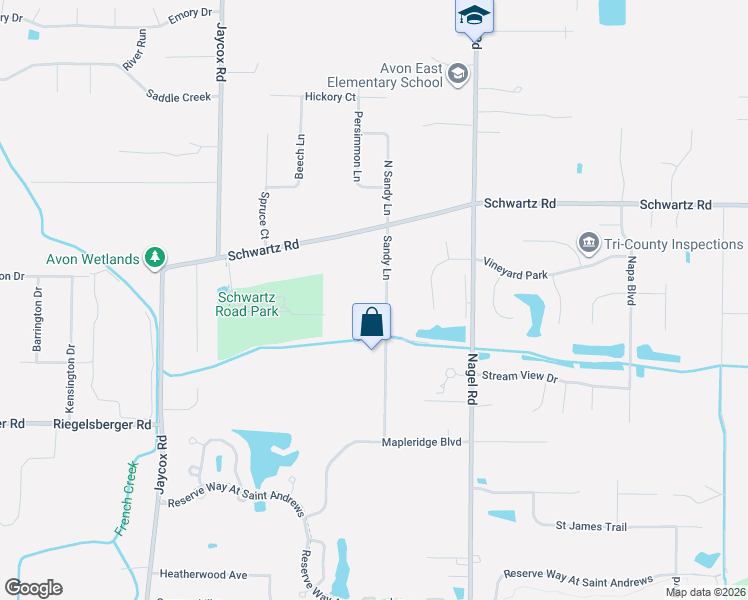 map of restaurants, bars, coffee shops, grocery stores, and more near 3315 Sandy Lane in Avon