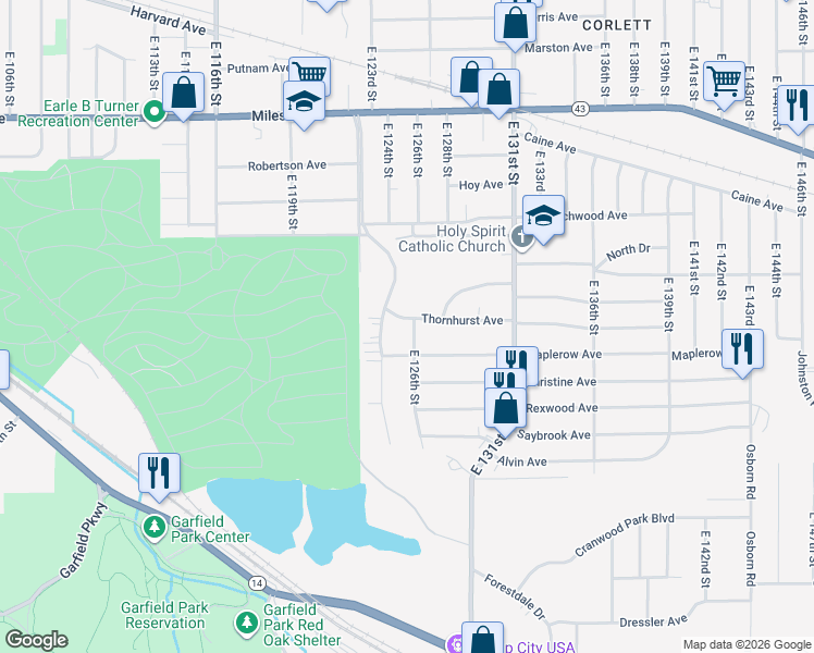 map of restaurants, bars, coffee shops, grocery stores, and more near 12514 Thornhurst Avenue in Garfield Heights