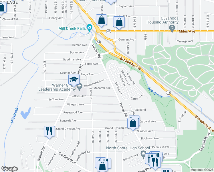 map of restaurants, bars, coffee shops, grocery stores, and more near 9009 Macomb Avenue in Cleveland