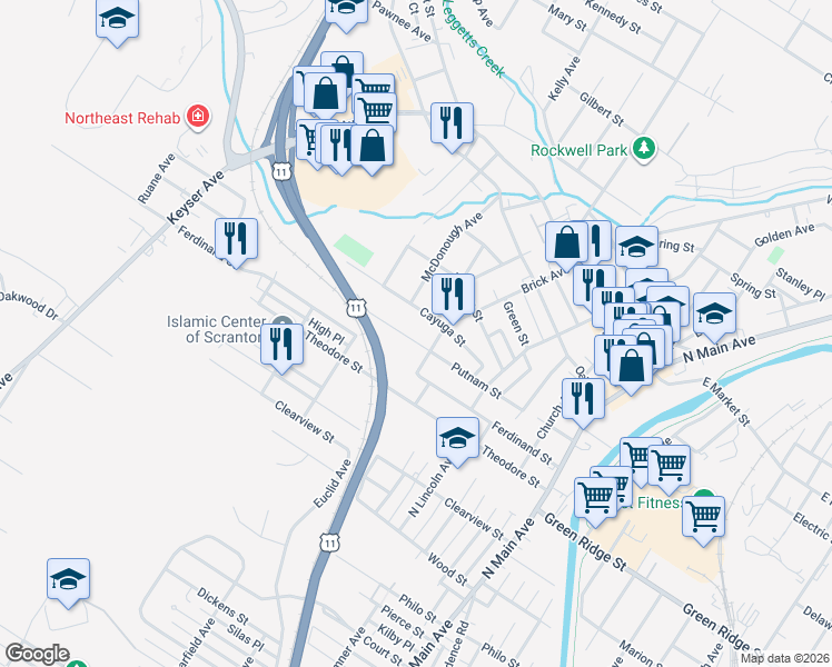 map of restaurants, bars, coffee shops, grocery stores, and more near 408 Putnam Street in Scranton